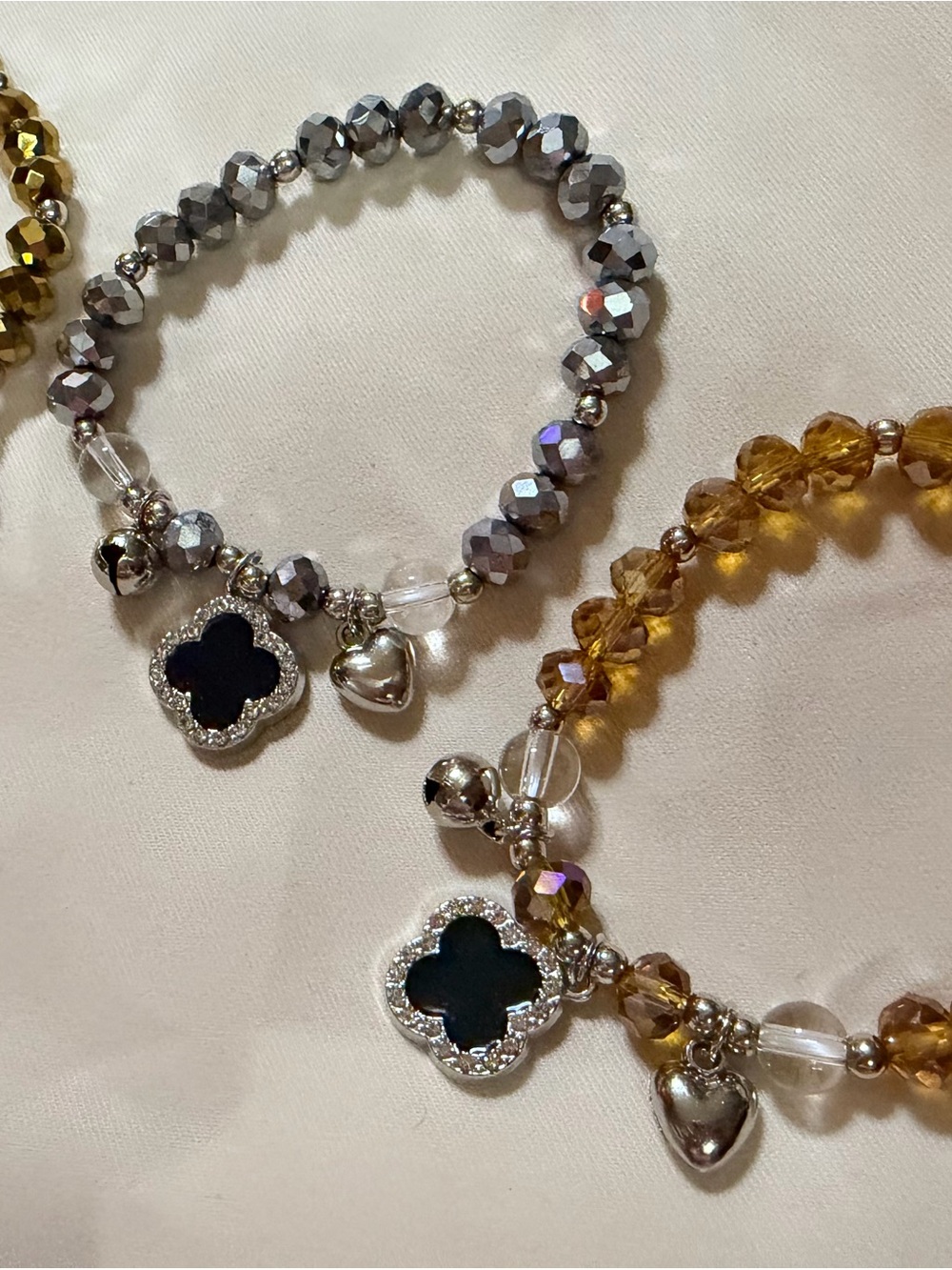 Crystal Gold or Silver Tone,  Stretch Bracelet with  Clover Charm